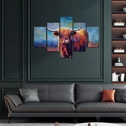 Yatsen Bridge Large Highland Cow Wall Art 5 Panels Graffiti Pictures Canvas Prints Modern Colorful Animal Posters Decor Artwork Living Room Home Office Decoration Framed Ready to Hang - 70''Wx40''H