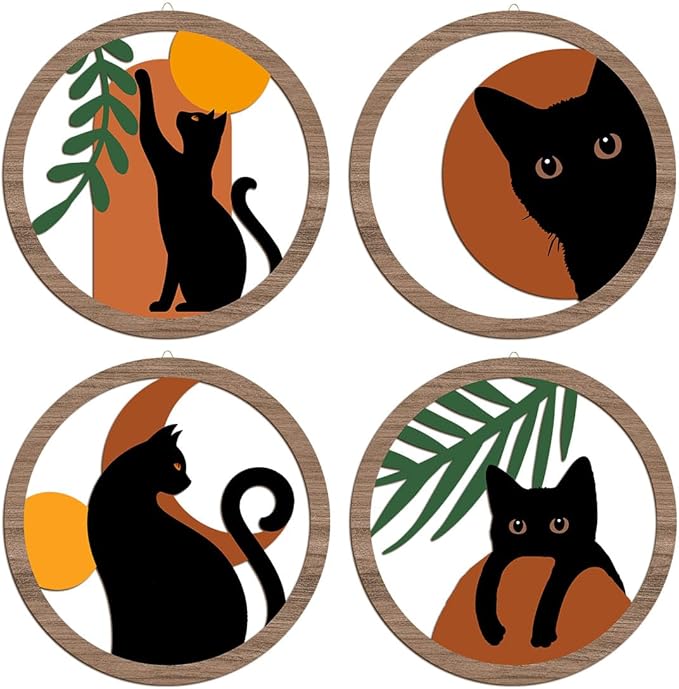 XFN 4PCs 3D Boho Cat Hanging Wooden Wall Art Wall Decor, Botanical Wall Decor Bohemian Decor, Cat Lover Gifts, Wooden Sign Wood Art Wood Plaque Home Decor for Living Room Bedroom Farmhouse Bathroom