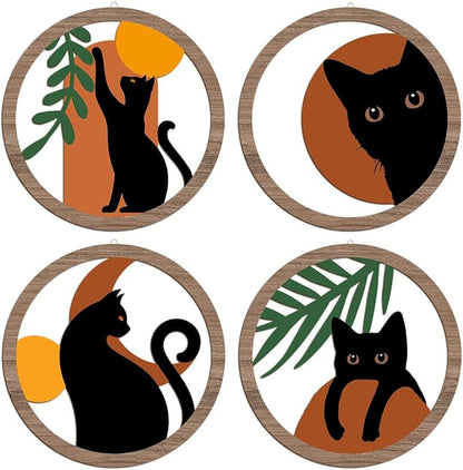 XFN 4PCs 3D Boho Cat Hanging Wooden Wall Art Wall Decor, Botanical Wall Decor Bohemian Decor, Cat Lover Gifts, Wooden Sign Wood Art Wood Plaque Home Decor for Living Room Bedroom Farmhouse Bathroom