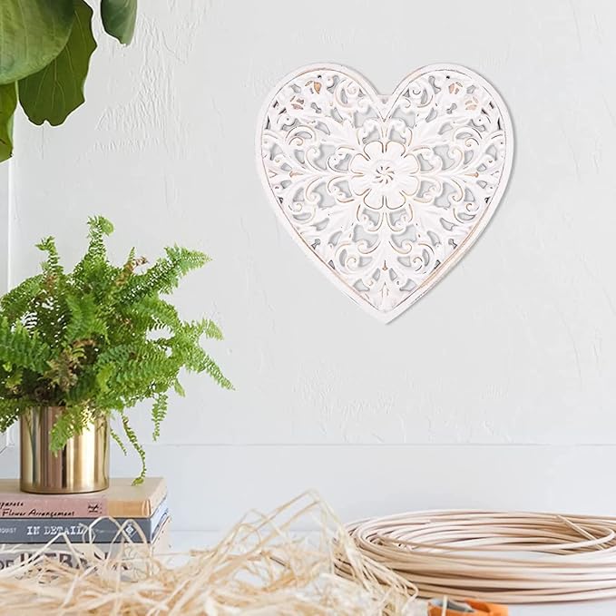 Wooden Wall Decor, Floral Hollow Carved Wall Panel Hanging Decor Rustic Art Sculpture Decorative Carved Floral-Patterned Distressed White MDF Wall Panel for Hallway Bedroom Cafe Office (Heart)