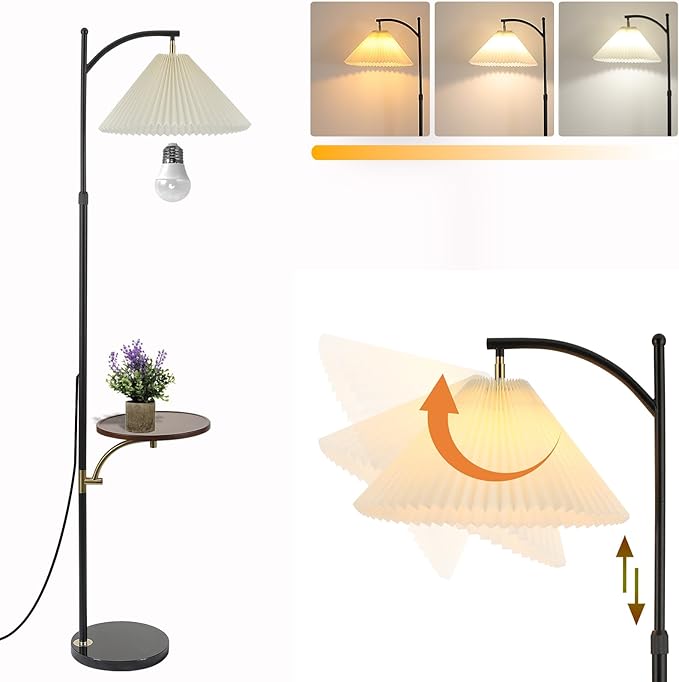 Floor Lamp with Table for Living Room, Tall Standing Lamps with Shelves, Height Adjustable Lamp Table Combo, Dimmable Corner Rustic Lamps with Tray for Bedroom Office, Bulb Included (Pleated Linen)