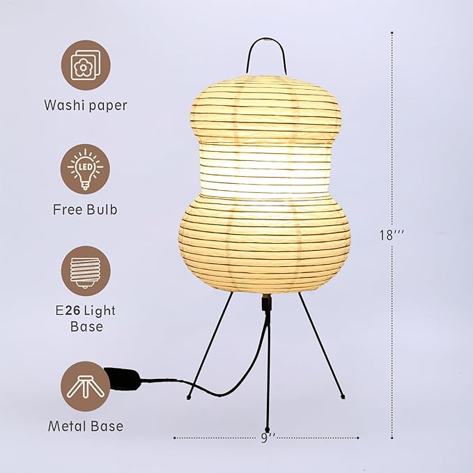 Japanese Noguchi-Inspired Table Lamp – Zen Rice Paper Lantern, Warm Light for Bedroom, Living Room, or Office, Modern Japandi Decor (Hourglass)
