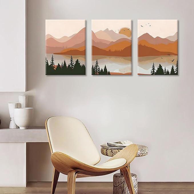 Bwodke Canvas Wall Art Boho Mountain Framed Wall Art Set of 3 Watercolor Nature Landscape Picture Decor Sun Forest Prints Artwork for Living Room Bedroom Office 16"x24"