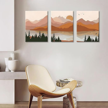 Bwodke Canvas Wall Art Boho Mountain Framed Wall Art Set of 3 Watercolor Nature Landscape Picture Decor Sun Forest Prints Artwork for Living Room Bedroom Office 16"x24"