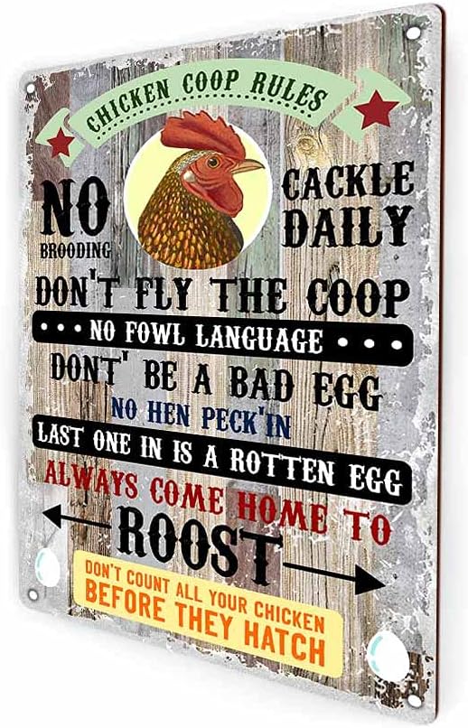 Funny Chicken Coop Rules Retro Vintage Rustic Notice Plaque Metal Vintage Indoor Outdoor Farmhouse Tin Sign, Home Coffee Beer Bar Canteen Decor 12 X 8 inch