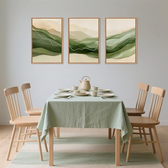 Large Abstract Smoke Waves Framed Canvas Wall Art Set,Ink Minimalist Green Beige Wall Decor,Watercolor Modern Neutral Lines Artwork for Living Room,Bedroom,Office-24 x36 x3