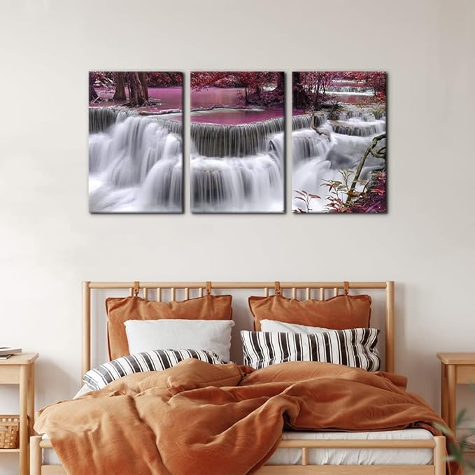 Pacimo Red Forest Canvas Wall Art 3 Pieces Waterfall Canvas Print Landscape Picture Paintings on Canvas Wall Artwork for Office and Home Décor Stretched Framed Ready to Hang - 16"x24"x3 Panel