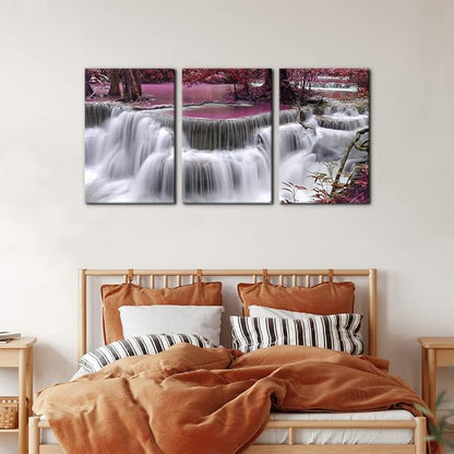 Pacimo Red Forest Canvas Wall Art 3 Pieces Waterfall Canvas Print Landscape Picture Paintings on Canvas Wall Artwork for Office and Home Décor Stretched Framed Ready to Hang - 16"x24"x3 Panel