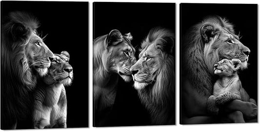 Black and White Lion Wall Art for Living Room Decor 3 Panels Wild Animals Pictures Wall Decor Modern Lion and Lioness Posters Prints Artwork, Framed 24" W x 36" H x 3pcs