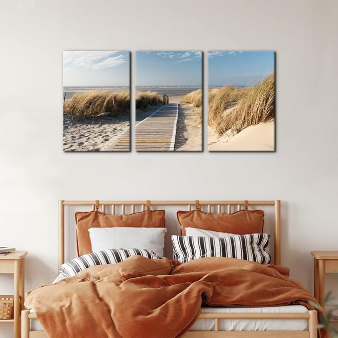 Pacimo Coastal Beach Canvas Wall Art - Pathway to Shoreline Artwork Painting for Home Wall Decor Oceanside Sea Grass Modern Artwork Prints on Canvas Framed Ready to Hang - 16"x24"x3 Panel
