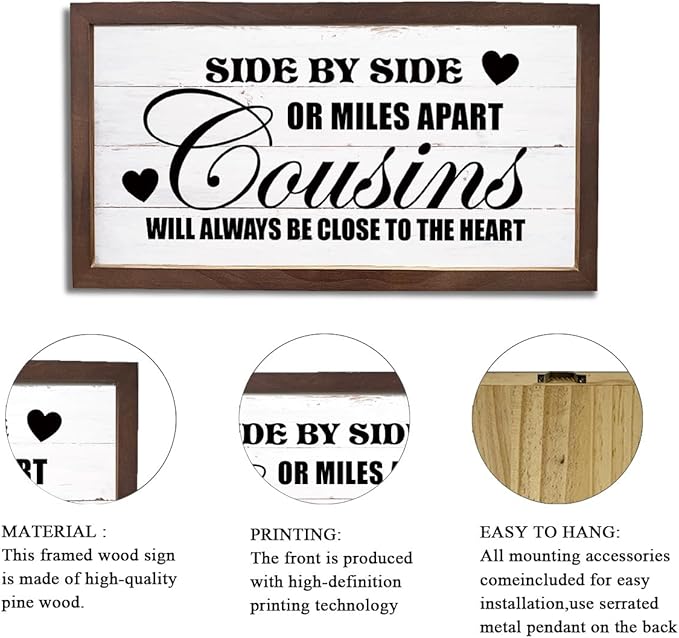 Family Wall Art, Rustic Farmhouse Home Decor for Living Room, Long Distance Gift for Cousins, Wooden Framed Wall Decor, Cousins Will Always Be Close To The Heart Sign, 15×7.5×0.3 inches