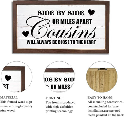 Family Wall Art, Rustic Farmhouse Home Decor for Living Room, Long Distance Gift for Cousins, Wooden Framed Wall Decor, Cousins Will Always Be Close To The Heart Sign, 15×7.5×0.3 inches