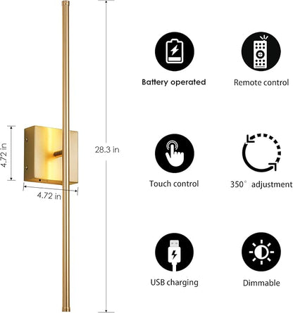 KARTOOSH Battery Operated Wall Sconces with Remote Control, Dimmable Wall Sconces Set of Two, 350°Rotate, 3000K LED Gold Wireless Wall Light for Living Room, Hallway, Bedroom, 28.3 Inch (2 Pack)