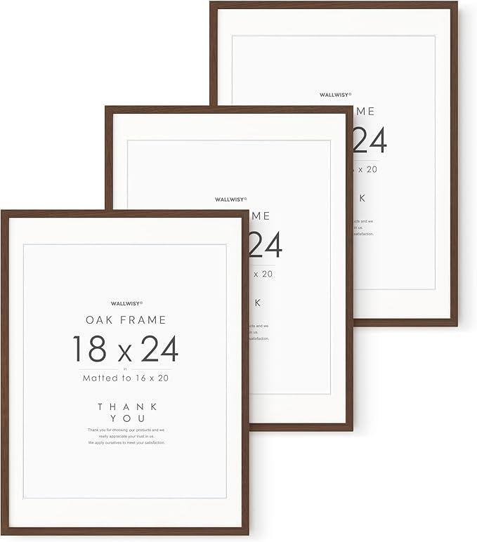 18x24 Wood Poster Frame, 18x24 Solid Oak Picture Frames Matted to 16x20(Openning Size is 15.6x19.6), 24x18 Natural Oak Frame Wall Mounting, (Walnut Set of 3)
