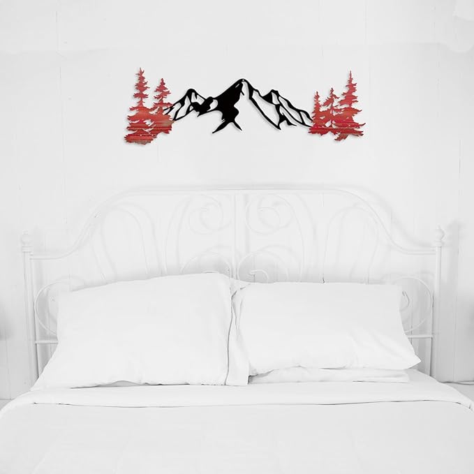 Yuzhuo Metal Mountain Wall Art Decor, Mountain Forest Silhouette Art Suitable for Living Room Bedroom Indoor Outdoor Garden Home Decoration (Red, 34.5L x 11W)