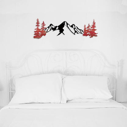 Yuzhuo Metal Mountain Wall Art Decor, Mountain Forest Silhouette Art Suitable for Living Room Bedroom Indoor Outdoor Garden Home Decoration (Red, 34.5L x 11W)