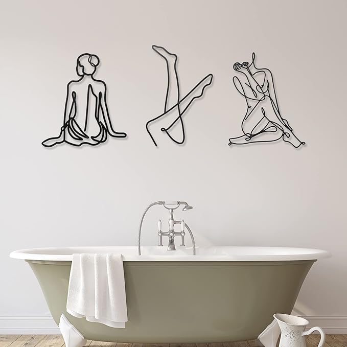 Photect 3 Pcs Metal Wall Art Decor Minimalist Abstract Woman Wall Art Metal Modern Line Drawing Decor Female Single Line Home Hanging for Bedroom Bathroom Living Room Housewarming(Fresh,Black)