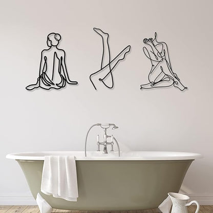 Photect 3 Pcs Metal Wall Art Decor Minimalist Abstract Woman Wall Art Metal Modern Line Drawing Decor Female Single Line Home Hanging for Bedroom Bathroom Living Room Housewarming(Fresh,Black)