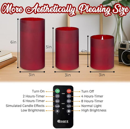 LEDHOLYT Rechargeable Flameless Candle, Flickering LED Pillar Glass Fake Candle with Remote and Timer, Built-in Battery Real Wax Electronic Candle for Room Decoration, Set of 3