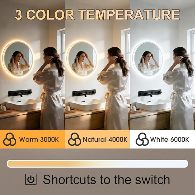 20 Inch Round LED Bathroom Mirror with Frontlit and Backlit, Lighted Vanity Bathroom Mirror, Stepless Dimmable & 3 Colors (3000K/4000K/6000K), IP54 Waterproof