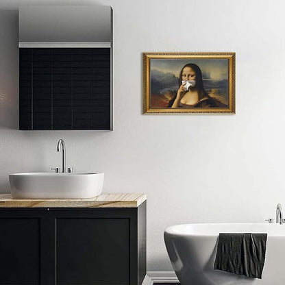 YD&YZY Gold Framed Funny Bathroom Wall Art Mona Lisa Humor Amusing Toilet Art Pinching Nose Wall Decor Vintage Unique Art Painting Picture Print Whimsical Artwork Bathroom Restroom 16x24 inch Framed
