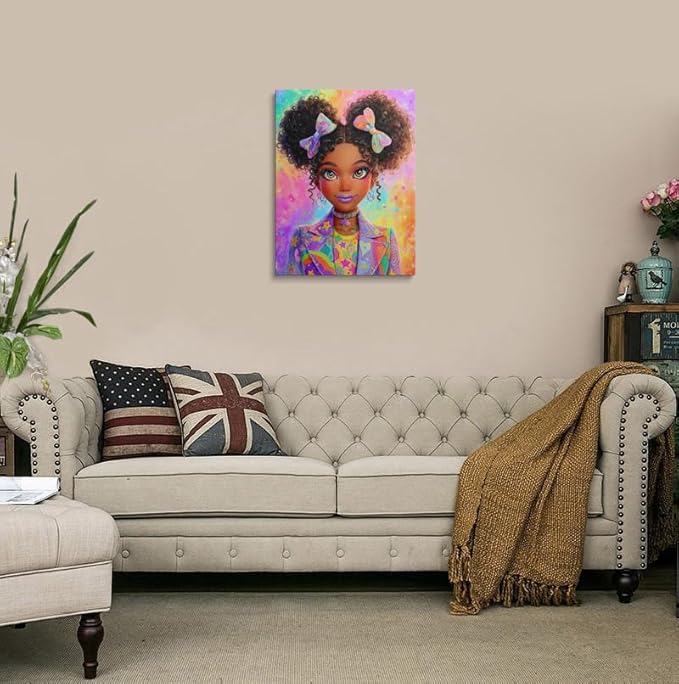 African American Girl Canvas Wall Art Framed Kawaii Cute Digital Print Empowering Art Curly Hair Oversized Jacket Stars Rainbow Wall Decor Artwork Poster for Bedroom Office 16x24 Inches
