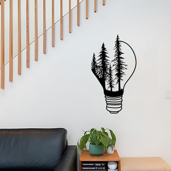 ESTART Metal Pine Tree Wall Art, Metal Bulb Wall Decor, Nature Rustic Farmhouse Cabin Decor, Forest Wall Art for Home Living Room Bedroom Office Indoor and Outdoor Decoration (Black)