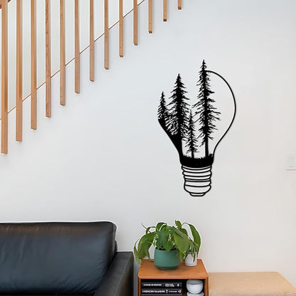 ESTART Metal Pine Tree Wall Art, Metal Bulb Wall Decor, Nature Rustic Farmhouse Cabin Decor, Forest Wall Art for Home Living Room Bedroom Office Indoor and Outdoor Decoration (Black)