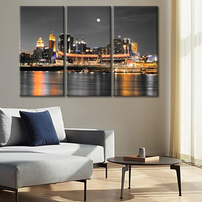 TUMOVO American Cityscape Pictures Wall Decor Posters and Prints 3 Panels Cincinnati Ohio Nighttime Lightscape Pictures Wall Decor for Bedroom Stretched and Framed Ready to Hang (42" Wx28 H)