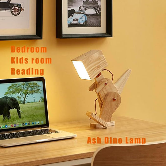 Novelty Cute Wood Dinosaur Table Lamp for Bedroom, Room, Bedside - 3 Levels Dimmable Touch Adjustable Swing Arm Robot Design Natural Finish Nightstand Light for Living Office Dorm (Yellow)