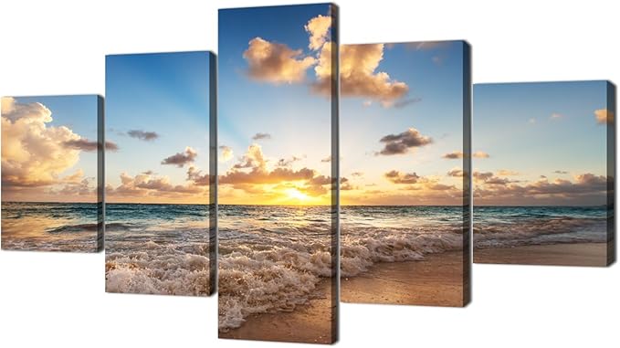 Sunset Beach Wave Scene Seascape Landscape Picture Modern Painting on Canvas 5 Piece Framed Wall Art for Living Room Bedroom Home Decor Gallery Wrap Giclee Posters and Prints (60’’W x 32’’H)