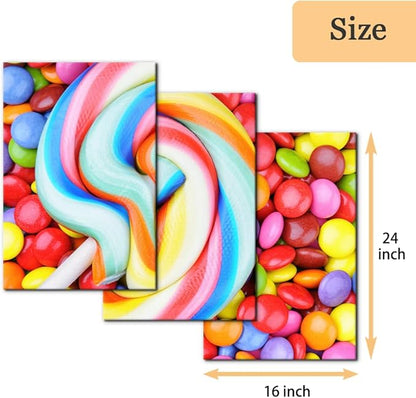 Pacimo 3 Pieces Canvas Print Wall Art Set Variety of Rainbow Candy Food Dessert Pictures Painting Prints on Canvas Modern Artwork Framed Wall Decor for Living Room Bedroom Office - 16"x24"x3
