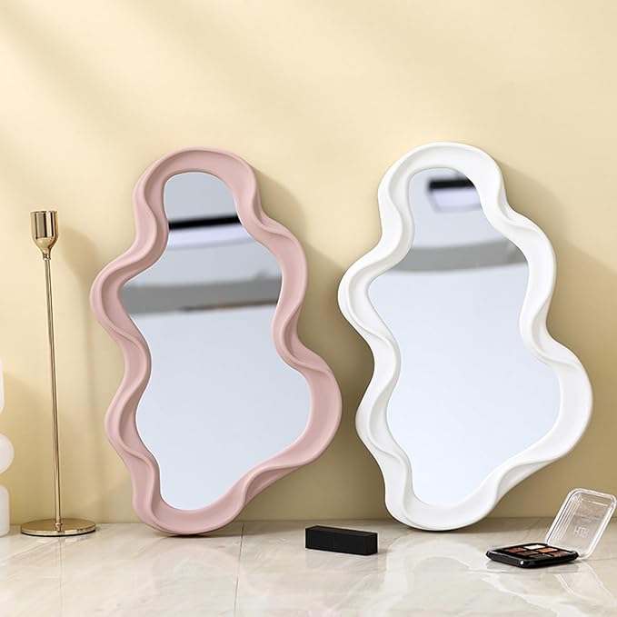 Mokoze Asymmetrical Wall Mirror, Irregular Decorative Accent for Bedroom Entryway Living Room, Pink Aesthetic Vanity Decor for Wall Mounted or Tabletop Display, 16.14" x 9.84"