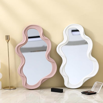 Mokoze Asymmetrical Wall Mirror, Irregular Decorative Accent for Bedroom Entryway Living Room, White Aesthetic Vanity Decor for Wall Mounted or Tabletop Display, 16.14" x 9.84"