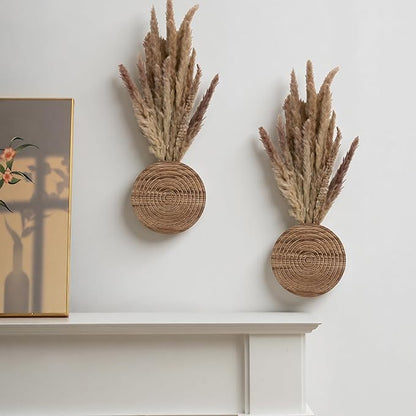 2 Pack Round Wooden Wall Vase Indoor Plants Hanging Boho Modern Farmhouse Wall Art Decor for Living Room, Bathroom Entryway, Hallway Fake Flower Plants