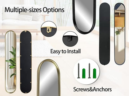 OUSHUAI Black Full Length Oval Mirror, 2-Pack Narrow Capsule Long Mirrors with Metal Frame for Dressing, Hallway, Living Room, Entryway Wall Decor