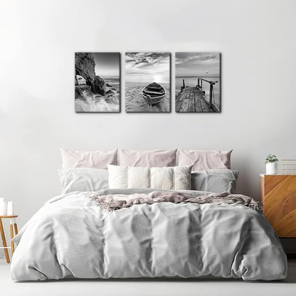 Pacimo 3 Panels Set Framed Canvas Wall Art Print for Seascape Beach and Boat Sunrise Scenery Black and White Giclee Canvas Print Modern Artwork for Wall Decor Ready to Hang - 12" x 16" x 3