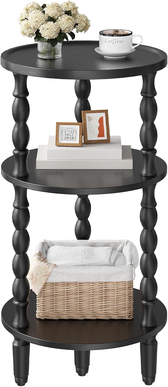 HOOBRO Round Side Table for Small Space, 3-Tier Small Round End Table with Rubberwood Leg, Accent Bedside Table, Circle Nightstand, Living Room, Bedroom, Sofa Couch, Black BK218BZ01