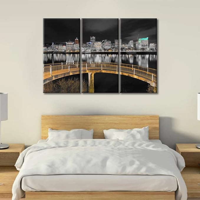 TUMOVO Ortland Oregon Downtown City Skyline Wall Art for Living Room 3 Piece Pedestrian Bridge Along Willamette River at Night Wall Decor Living Room Framed Ready to Hang (60" Wx40 H)
