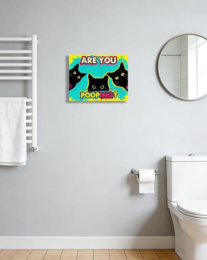 Funny Black Cat Bathroom Canvas Wall Art - Are You Pooping? Colorful Humor Poster for Washroom, 12x16 Inch Framed Graffiti Print for Toilet Restroom, Pop Art Wall Decor, Gifts for Cat Lovers