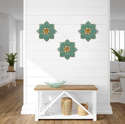 Metal Flowers Wall Decor Set of 3, Green & Gold 3D Floral Metal Wall Art Decor for Inoor & Outdoor Use, Vintage & Modern Walls Arts for Bathroom, Living Room, Bedroom, Garden, Patio, Porch, Office,10"