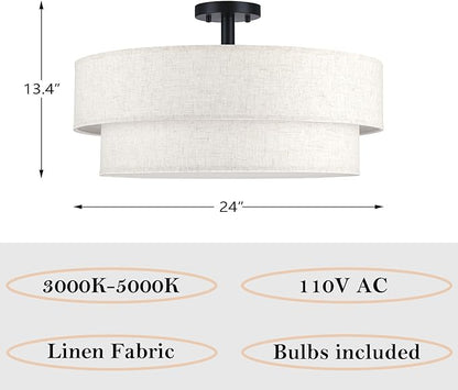 24 Inch LED 28W Adjustable 3000/4000/5000 Black Double Drum Linen Fabric Shade Semi Flush Mount Close to Ceiling Light Fixture for Bedroom,Living Room,Dining Room Hallway