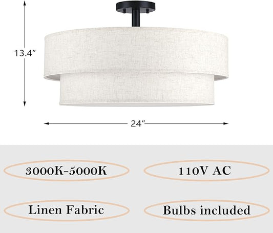 24 Inch LED 28W Adjustable 3000/4000/5000 Black Double Drum Linen Fabric Shade Semi Flush Mount Close to Ceiling Light Fixture for Bedroom,Living Room,Dining Room Hallway