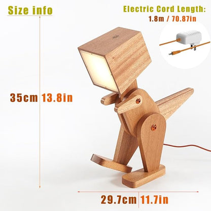 Novelty Cool Wood Dinosaur Table Lamp for Bedroom, Kids Room, Bedside - 3 Levels Dimmable Touch Switch Adjustable Robot Design Natural Finish Desk Light for Living Office Dorm Farmhouse (Brown)