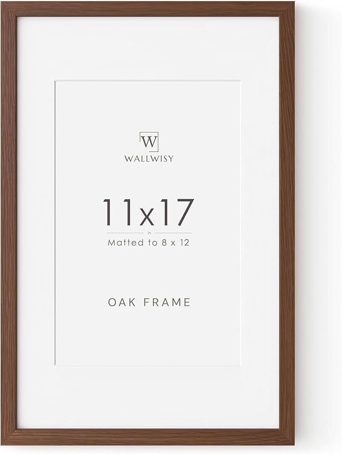 11x17 Oak Picture Frame, Solid Oak 11x17 Poster Frame with Mat to 8x12(Openning Size is 7.5x11.5), Natural Wood 17x11 Frames for Wall, (Walnut Set of 1)