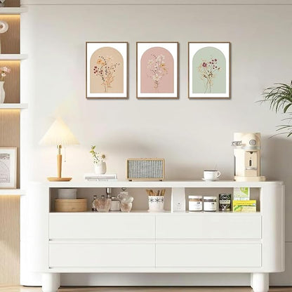 KISSFOX 3 Piece Framed Wall Art Wildflower Wall Decor Floral Pictures Botanical Canvas Art Pink Green Yellow Paintings Minimalist Boho Artwork For Girly Room Bedroom Living Room