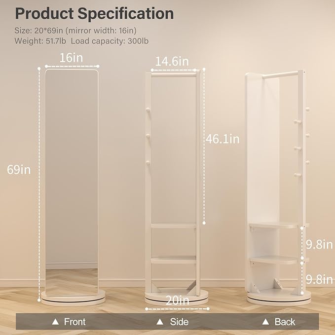 WoodsWhisper Full Length Mirror Coat Rack Solid Wood Floor Mirror 66"x12" Full Length Mirror with Stand Long Mirrors for Bedroom,Living Room (White, 70" L x 16" W)
