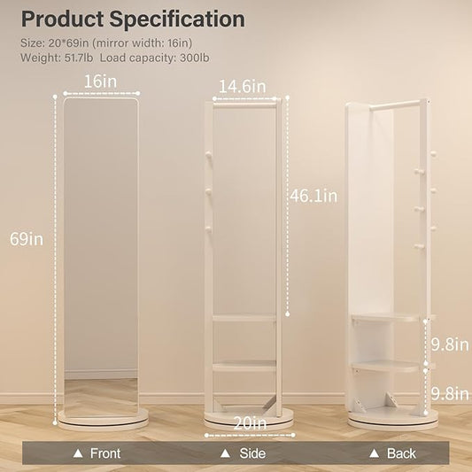 WoodsWhisper Full Length Mirror Coat Rack Solid Wood Floor Mirror 66"x12" Full Length Mirror with Stand Long Mirrors for Bedroom,Living Room (White, 70" L x 16" W)