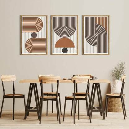 DRACIT Large Modern Mid Century Boho Wall Art Set,Abstract Geometric Wooden Wall Decor,Neutral Minimalist Arch Lines Artwork Beige Orange Brown Wood Grain Art Decor for Living Room,Bedroom,Office-16x24Inch x3