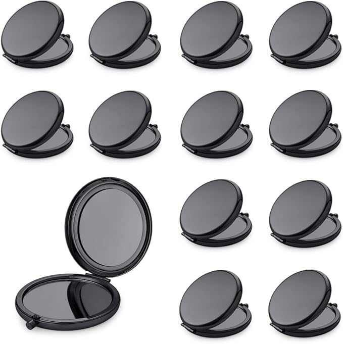 Compact Mirror for Purse, Metal Round Shell, Double-Sided 1X/2X Magnifying, Portable Travel Small Makeup Mirror, Mini Pocket Mirror, Black, 12 Pack